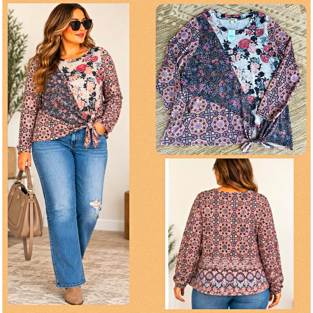 One World Boho Purple Floral Knit Patchwork Tie Hem Pullover Top Womens XXL